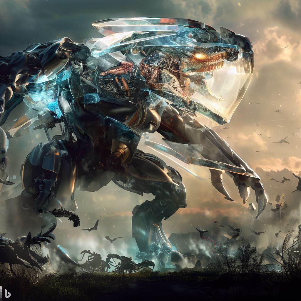 futuristic dinosaur mech with glass body being hunted, shatter, fauna in foreground, detailed smoke and clouds, lens flare, realistic, h.r. giger style 8.jpg